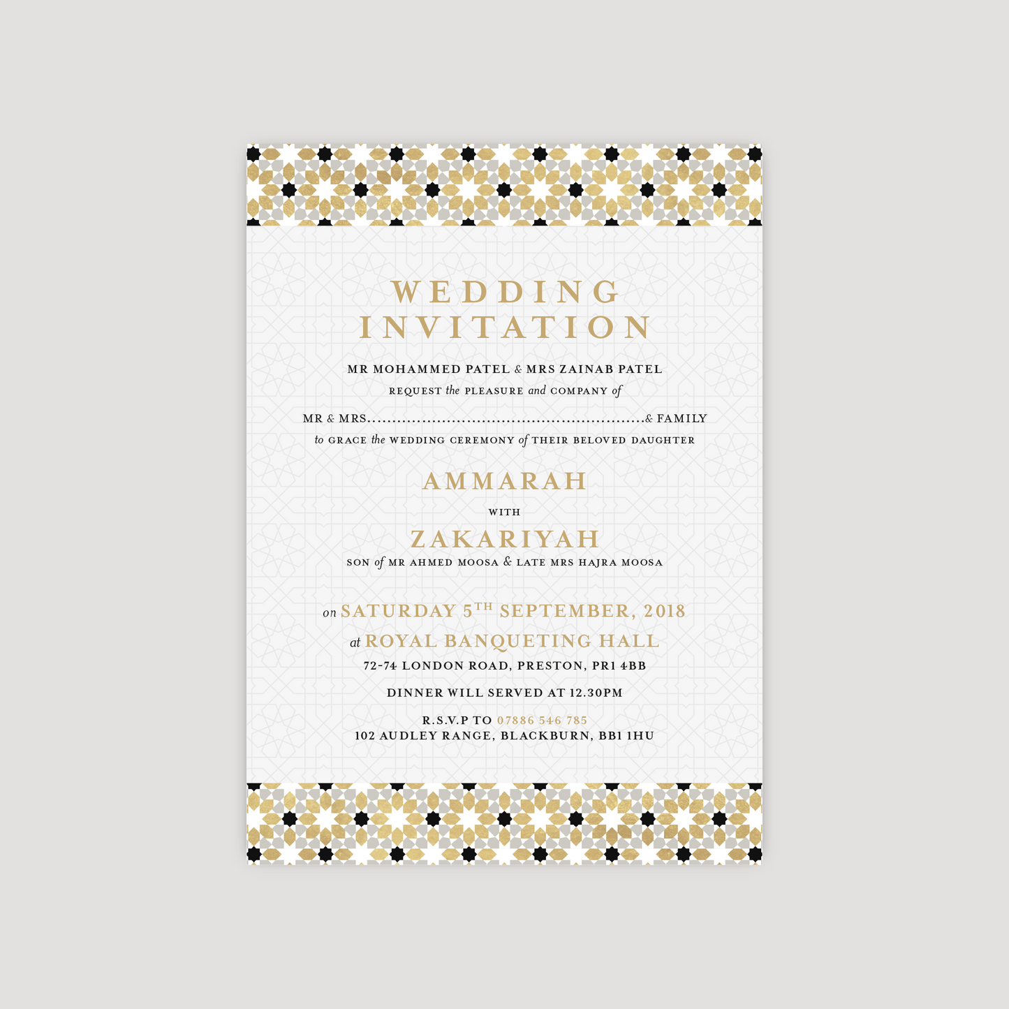 Square Folded Wedding Invitation (Islamic Gold Geometric)