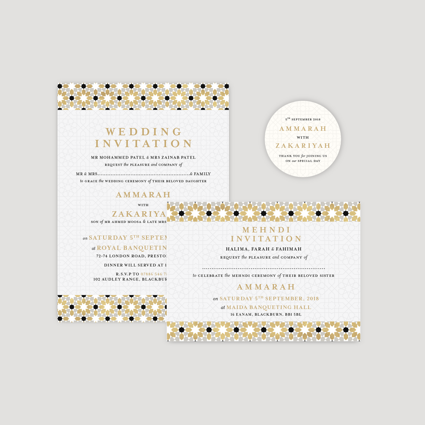 Square Folded Wedding Invitation (Islamic Gold Geometric)