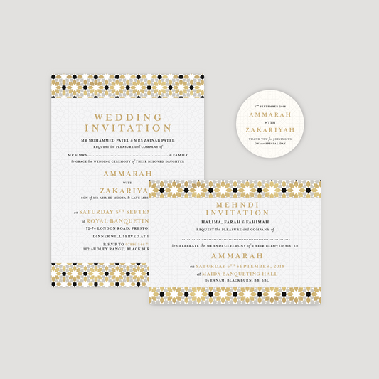 Square Folded Wedding Invitation (Islamic Gold Geometric)