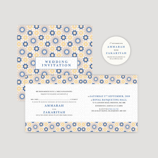 Square Folded Wedding Invitation (Islamic Blue Geometric)