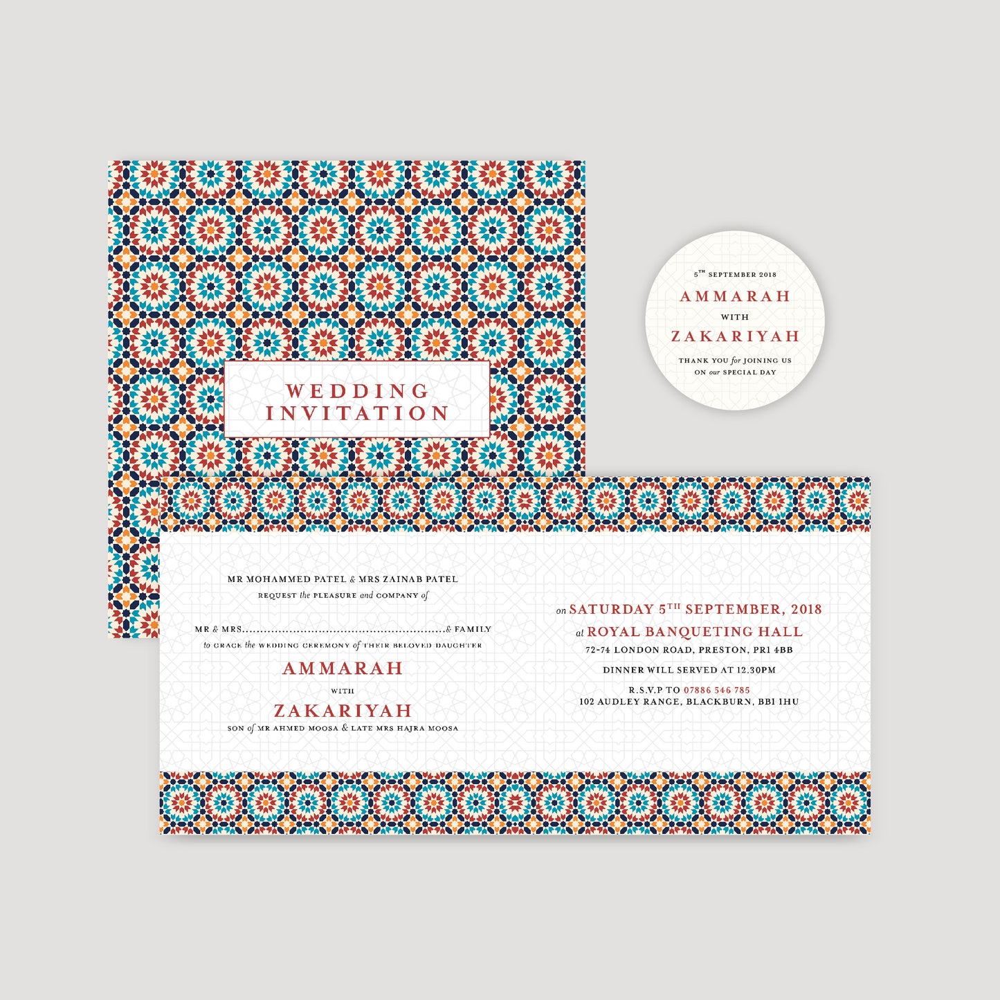 Square Folded Wedding Invitation (Islamic Burgundy Geometric)