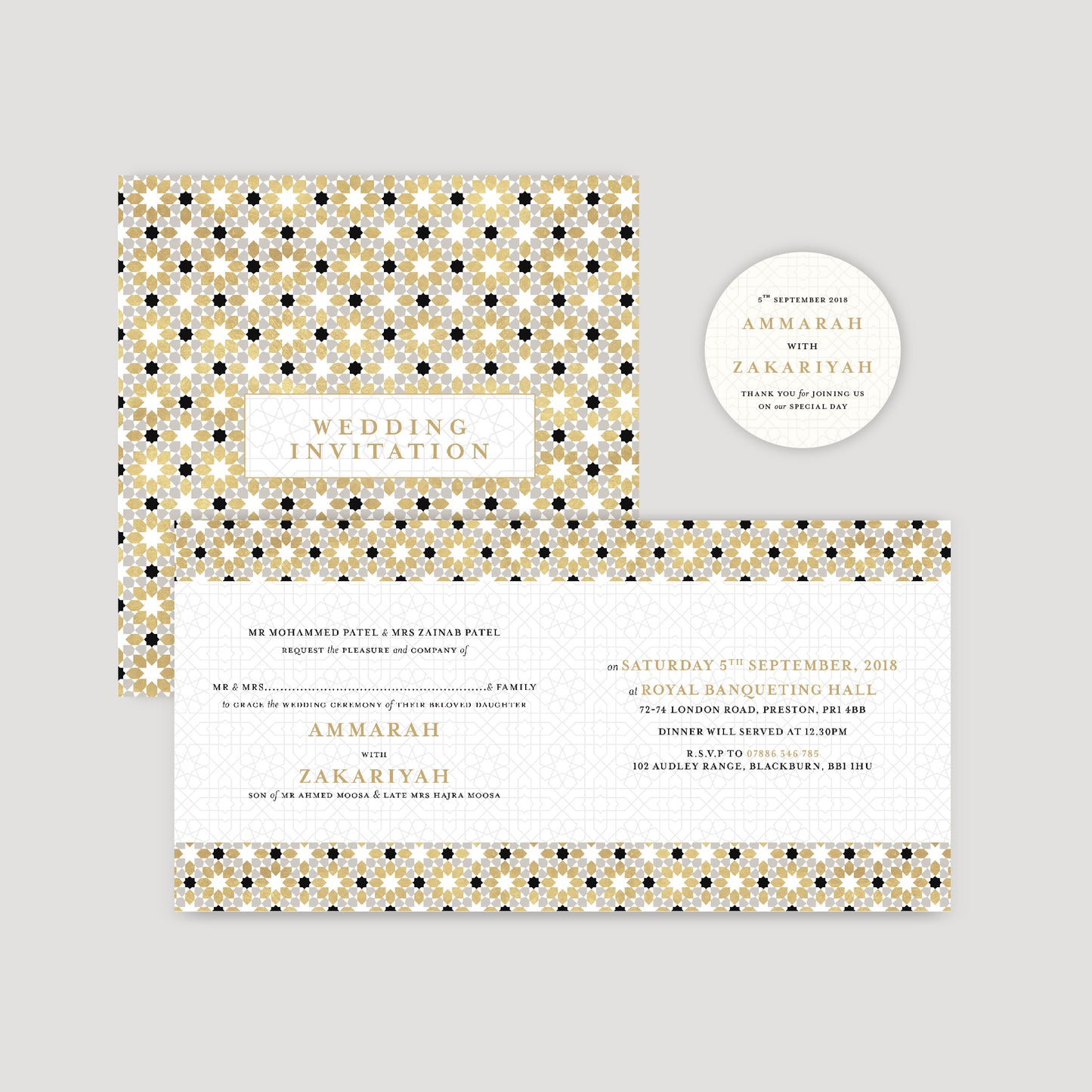 Square Folded Wedding Invitation (Islamic Gold Geometric)